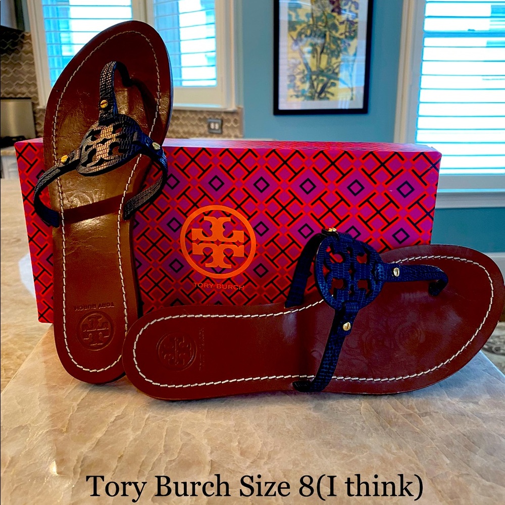 Tory Burch navy blue leather flip flops